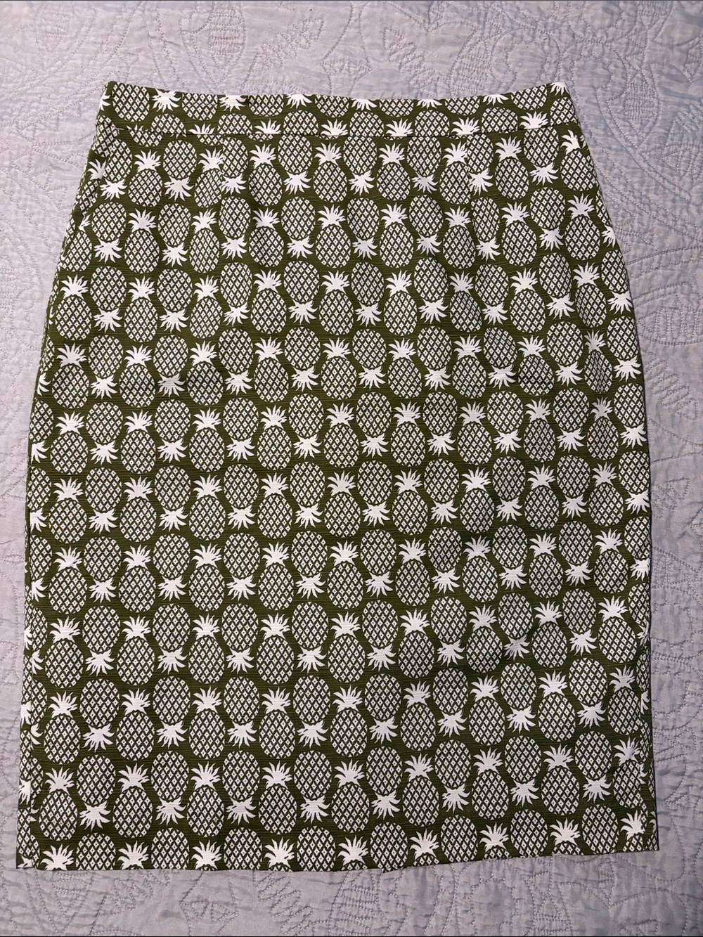 Boden Olive Green Pencil Skirt with White Pineapple Print, sz 12L